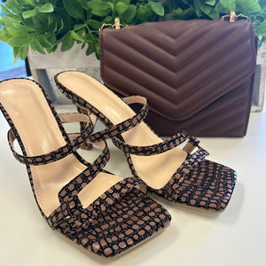 “Oak” Brown/Black Strappy High Heel Sandal