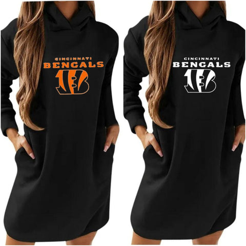 “Cincy Girl” Lightweight Black White Drawstring Loose Bengals Hoodie Dress