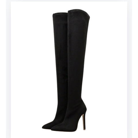 Black Suede Pointed Toe High Heel Over the Knee Boot