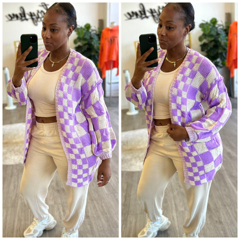 “Lavender Checkers” Soft Cardigan Sweater