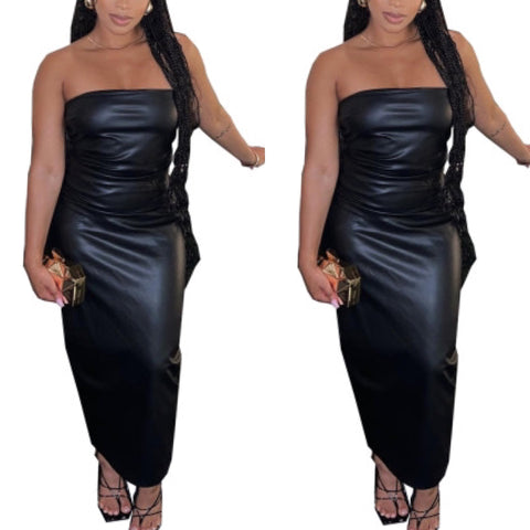 “Myra” Black Tube Faux Leather Maxi Dress