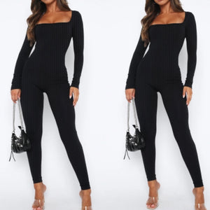 “Tianna” Black Square Neck Long Sleeve Ribbed Jumpsuit