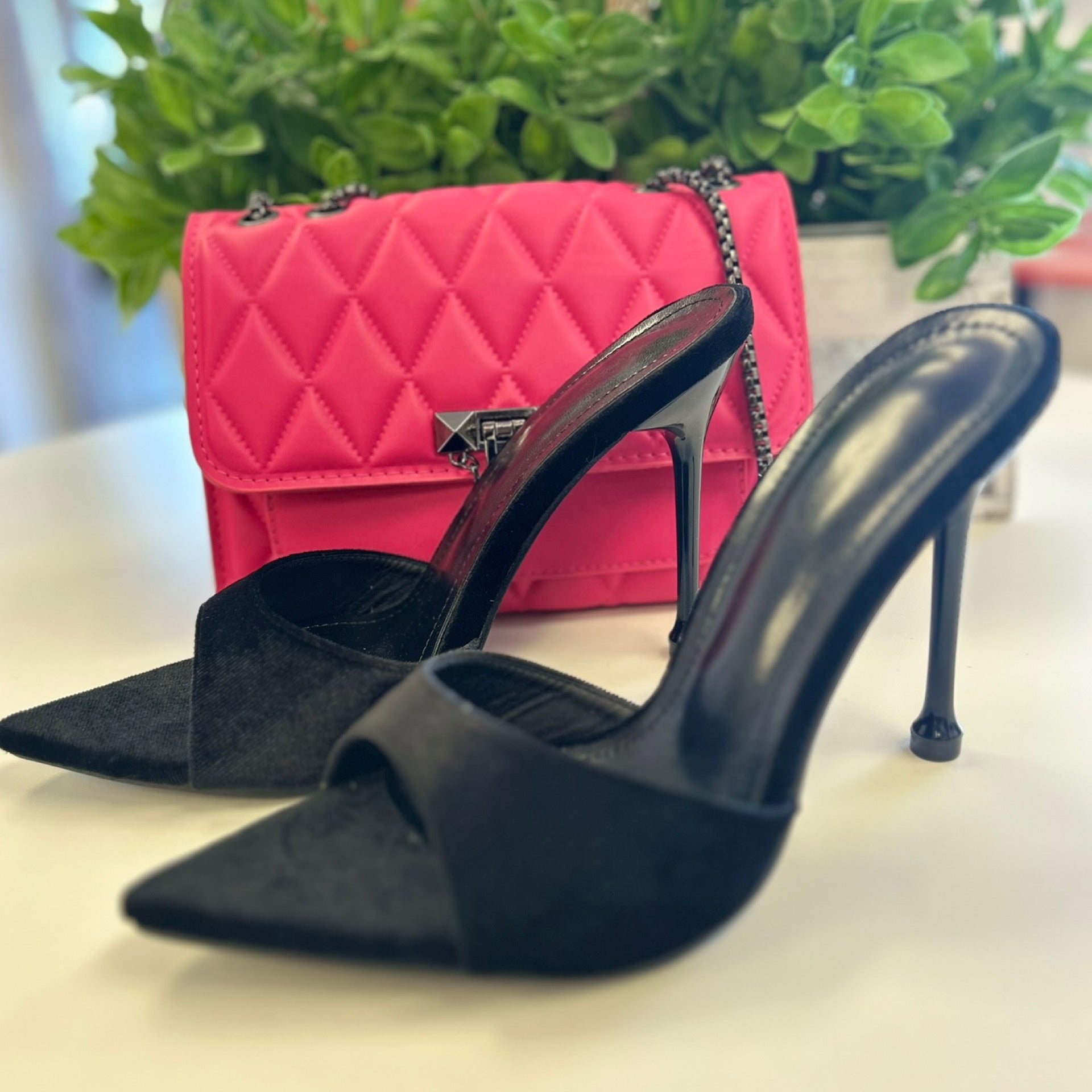 Black Velvet Pointed Toe Mule High Heel