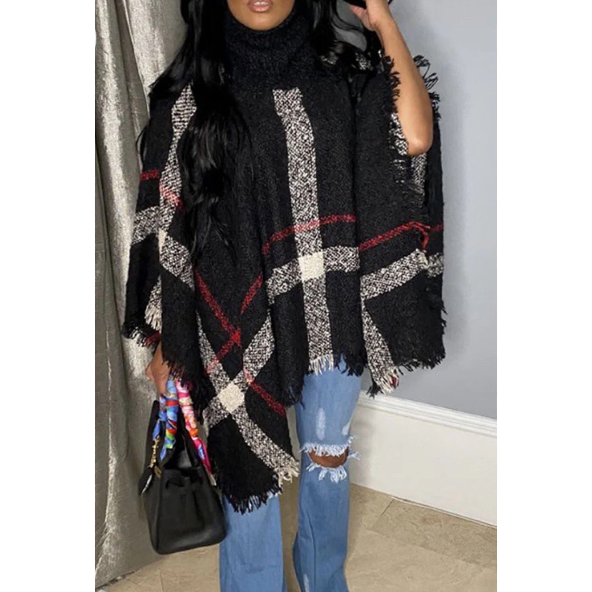 Black Plaid Turtleneck Lightweight Poncho (Preorder)