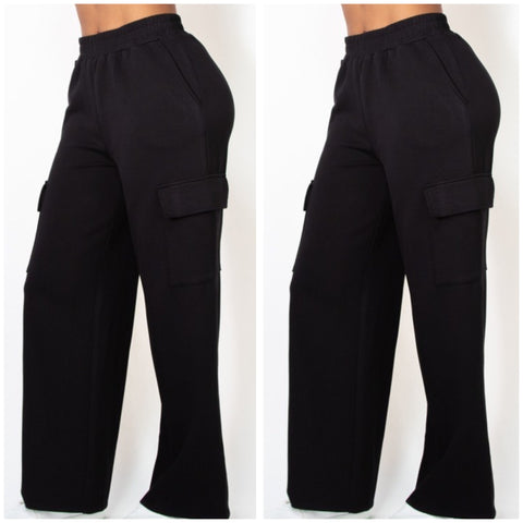 Black Super Soft Wide Leg Stretch Cargo Pants