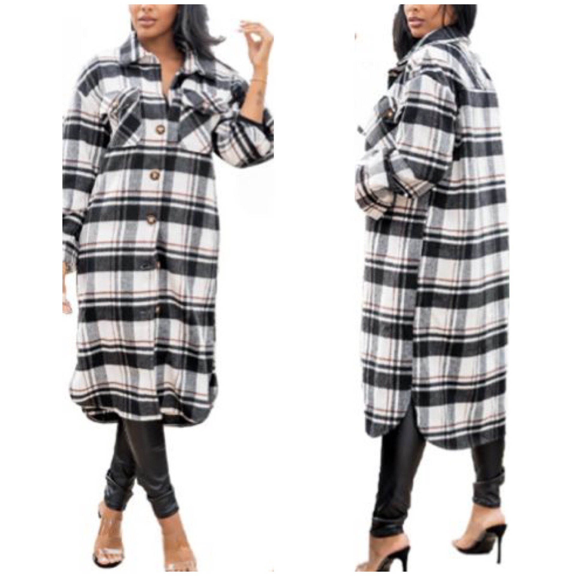 “Bronx” Long Line Plaid Black & White Button Shacket