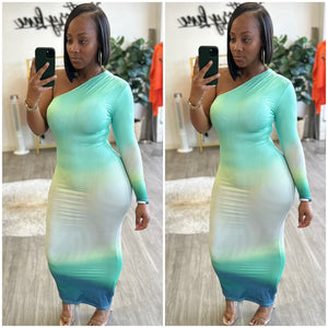 “Candy Apple” Green Ombré One Sleeve Maxi Dress