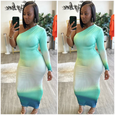 “Candy Apple” Green Ombré One Sleeve Maxi Dress