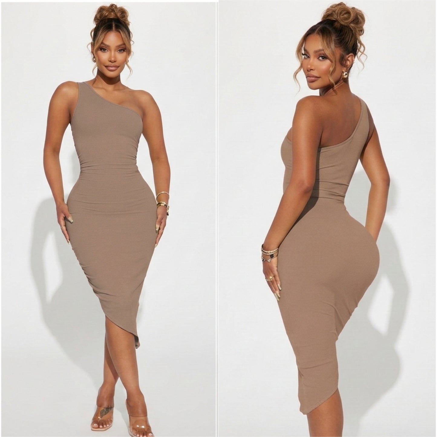 “Chestnut” Tan Ribbed One shoulder Asymmetrical Dress