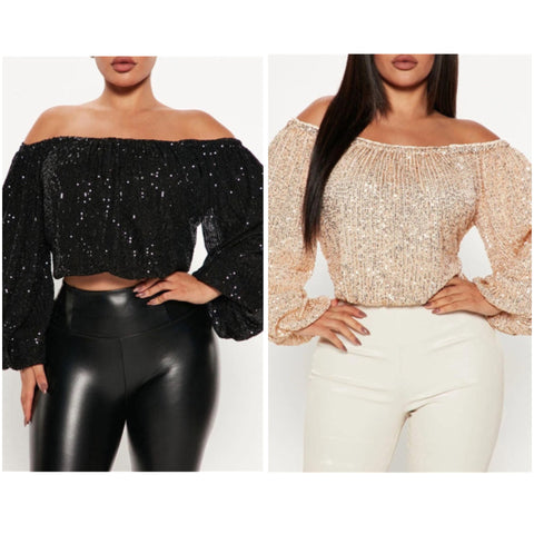 Sequin Off the Shoulder Long Sleeve Shirt Top