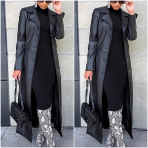 “Sasha” Faux Leather Black Maxi Trench Jacket