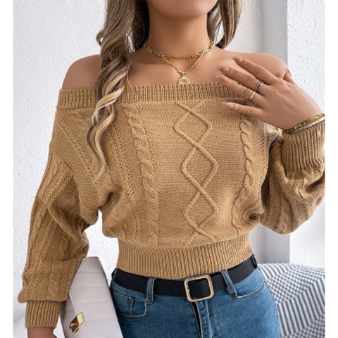 Lightweight Cableknit Off the Shoulder Long Sleeve Sweater