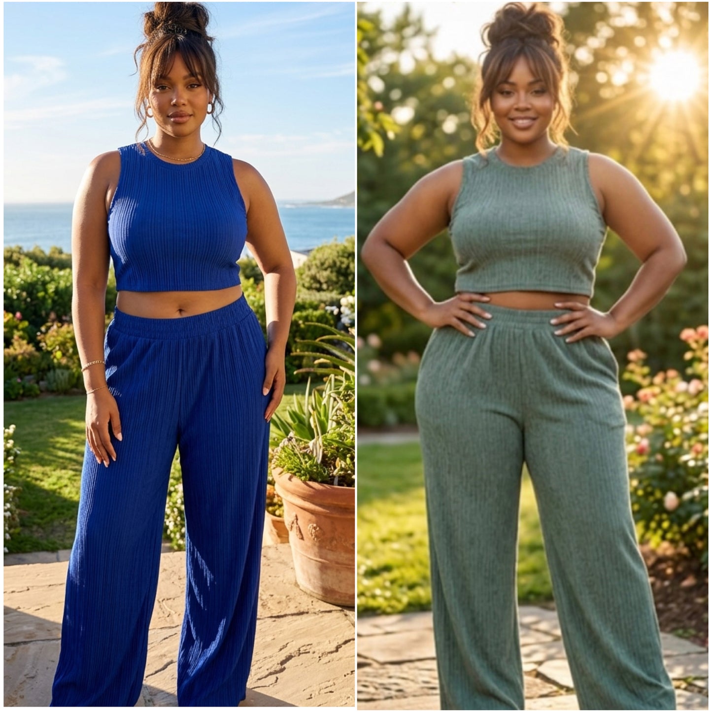 “Jill” Plus Size 2 Piece Sleeveless Crinkled Pant Set