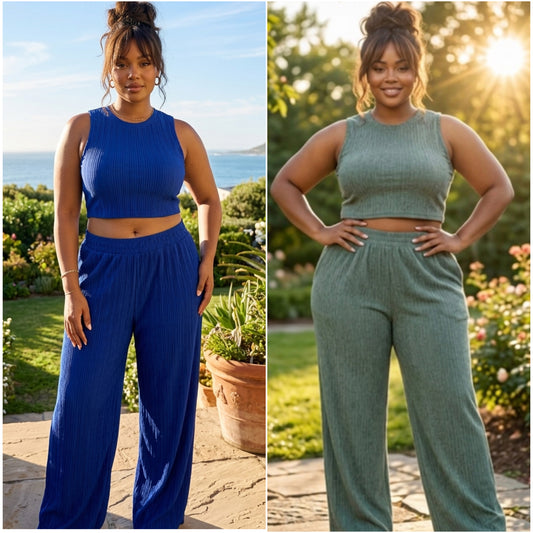 “Jill” Plus Size 2 Piece Sleeveless Crinkled Pant Set