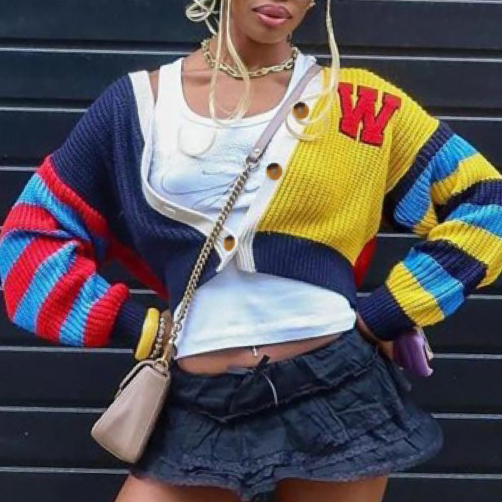 Multicolor Crop Varsity Sweater