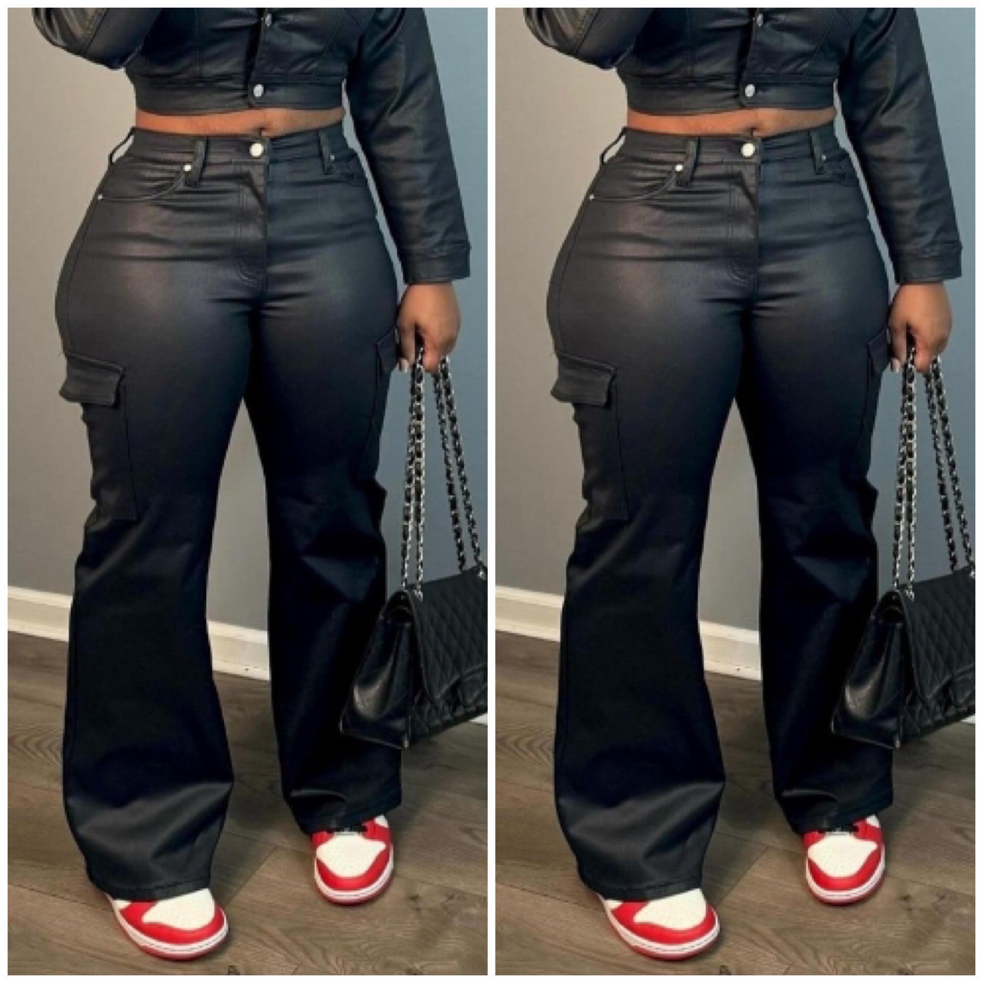 Faux Leather Wide Leg Cargo Pants