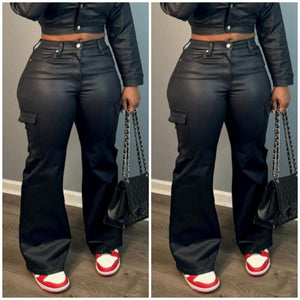 Faux Leather Wide Leg Cargo Pants