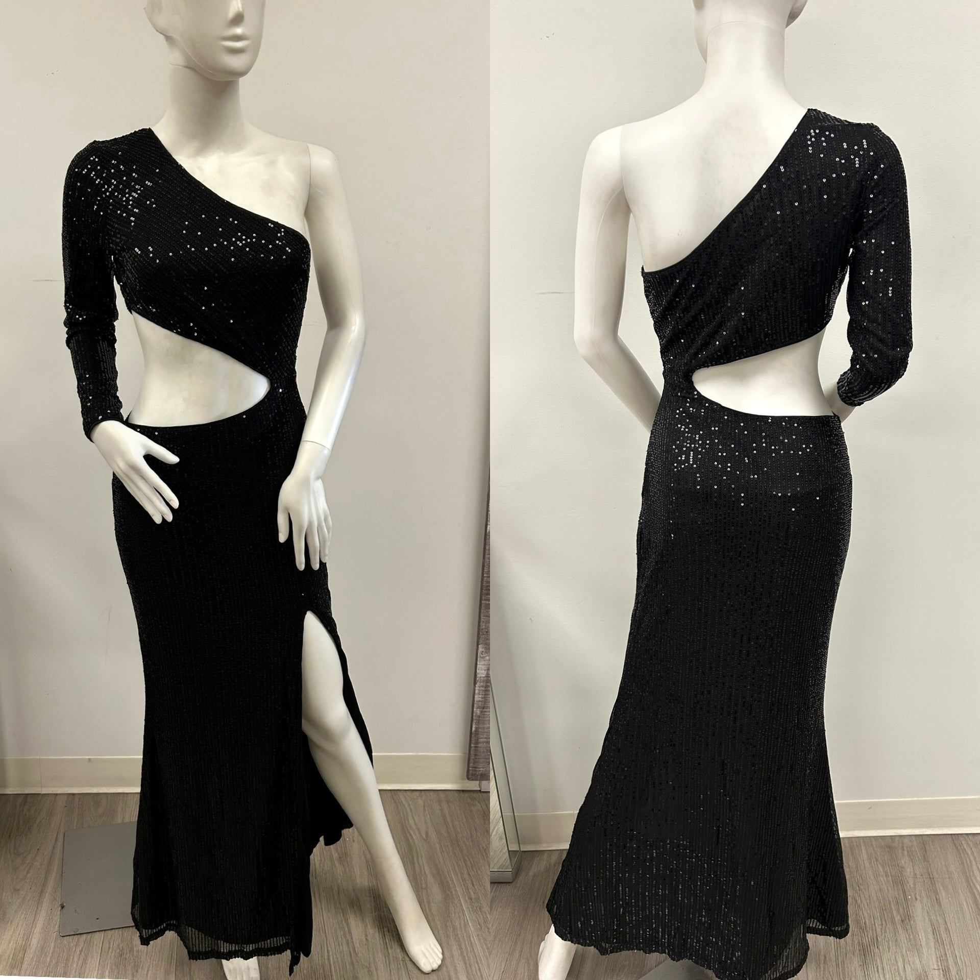 “Steal the Night” Black Sequin Long Sleeve One Arm Cut Out Maxi Dress Gown