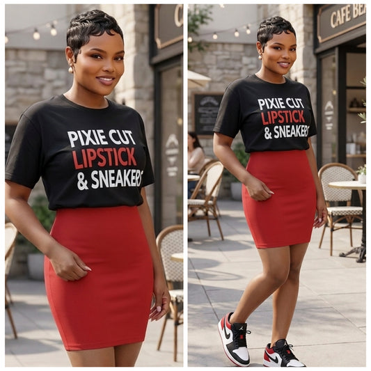 “Pixie Cut Lipstick & Sneakers Black Shirt (1-3 day turnaround)