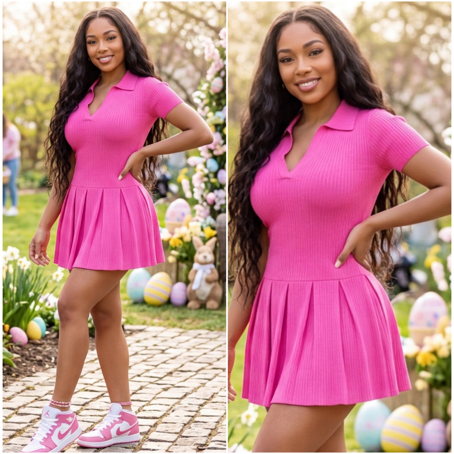 “Laila” Ribbed Pink Tennis Pleated Dress