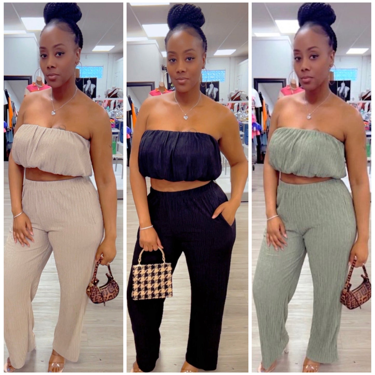 “Miracle” 2 Piece Crinkled Bandeau Wide Leg Pant Set