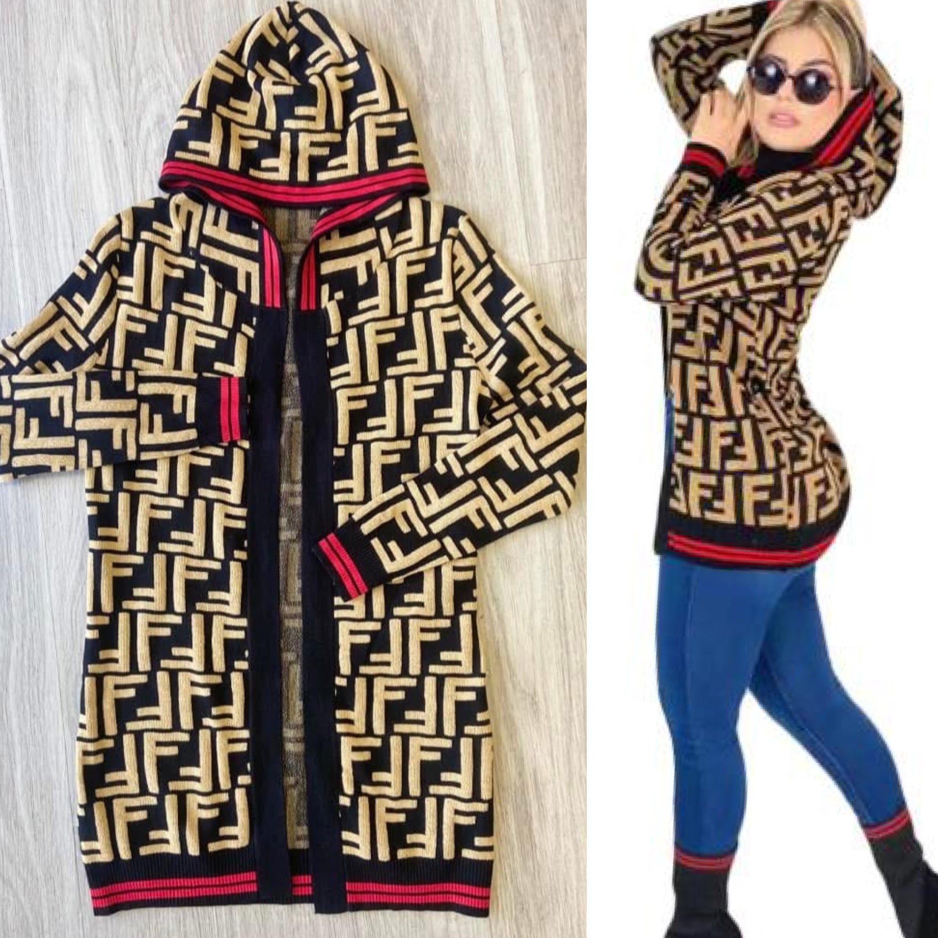 F Print Black/Tan Hooded Cardigan Sweater