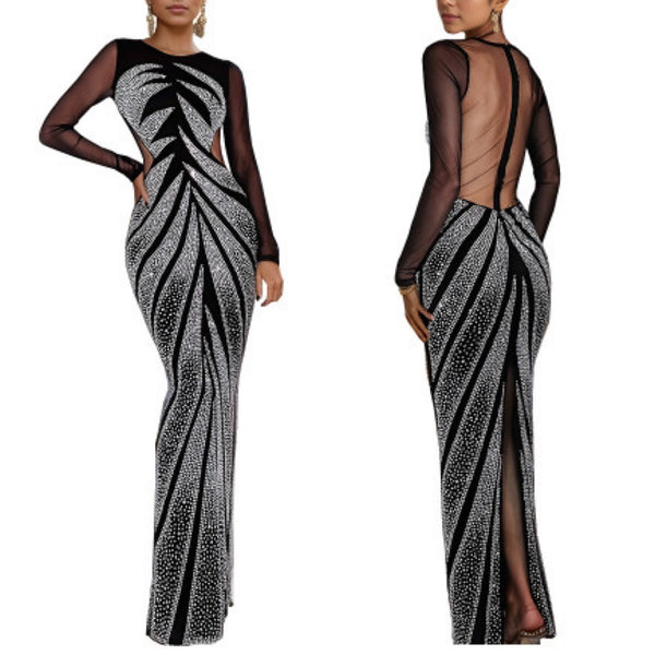 “Unstoppable” Black Long Sleeve Rhinestone Maxi Dress