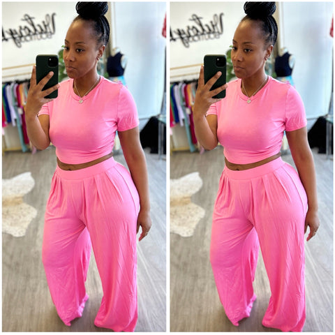 “Megan” Pink Short Sleeve 2 Piece Wide Leg Pant Set