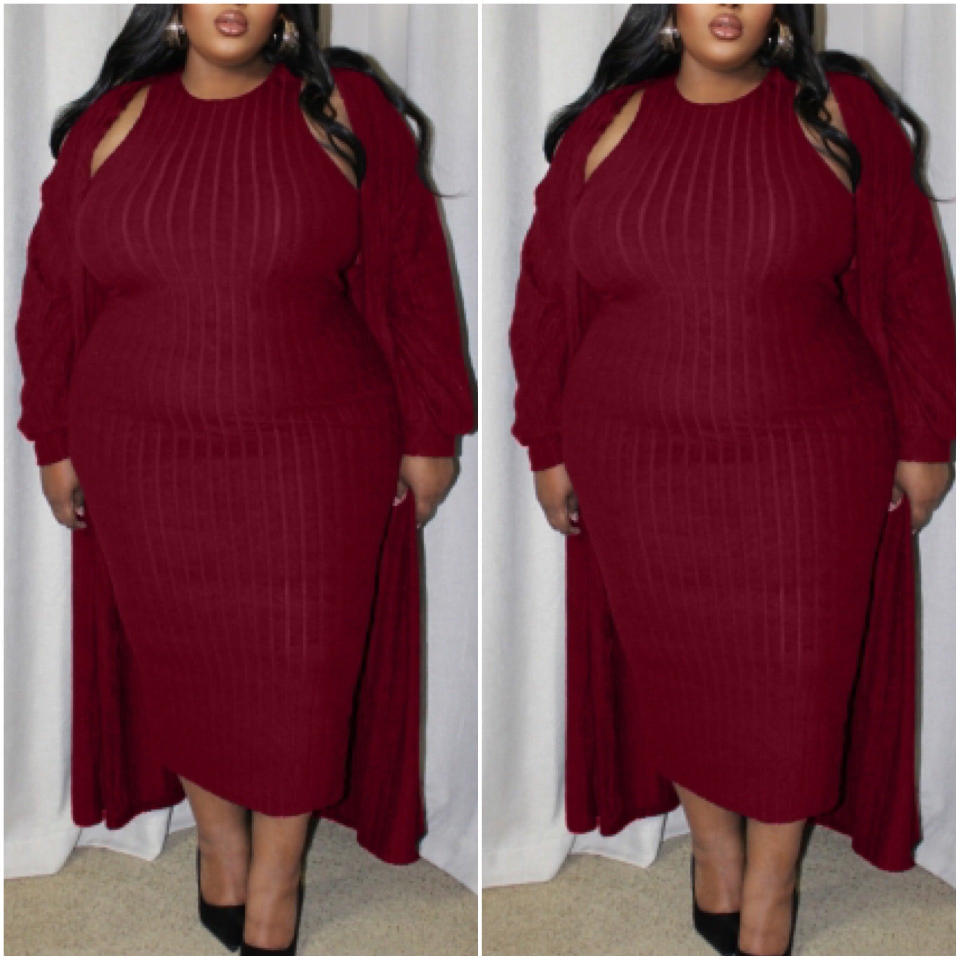 Red Ribbed Stretch 2 Piece Sleeveless Maxi Dress & Cadigan Set