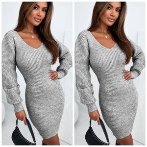 “Grace” Gray Ribbed Puff Sleeve Sweater Dress