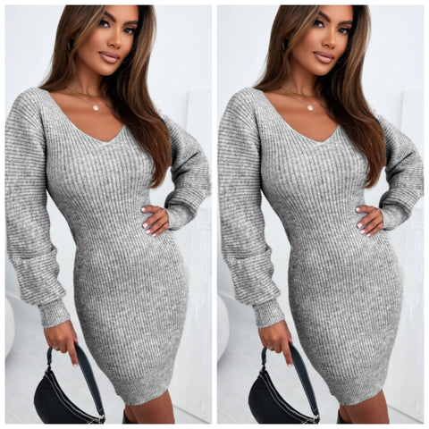 “Grace” Gray Ribbed Puff Sleeve Sweater Dress