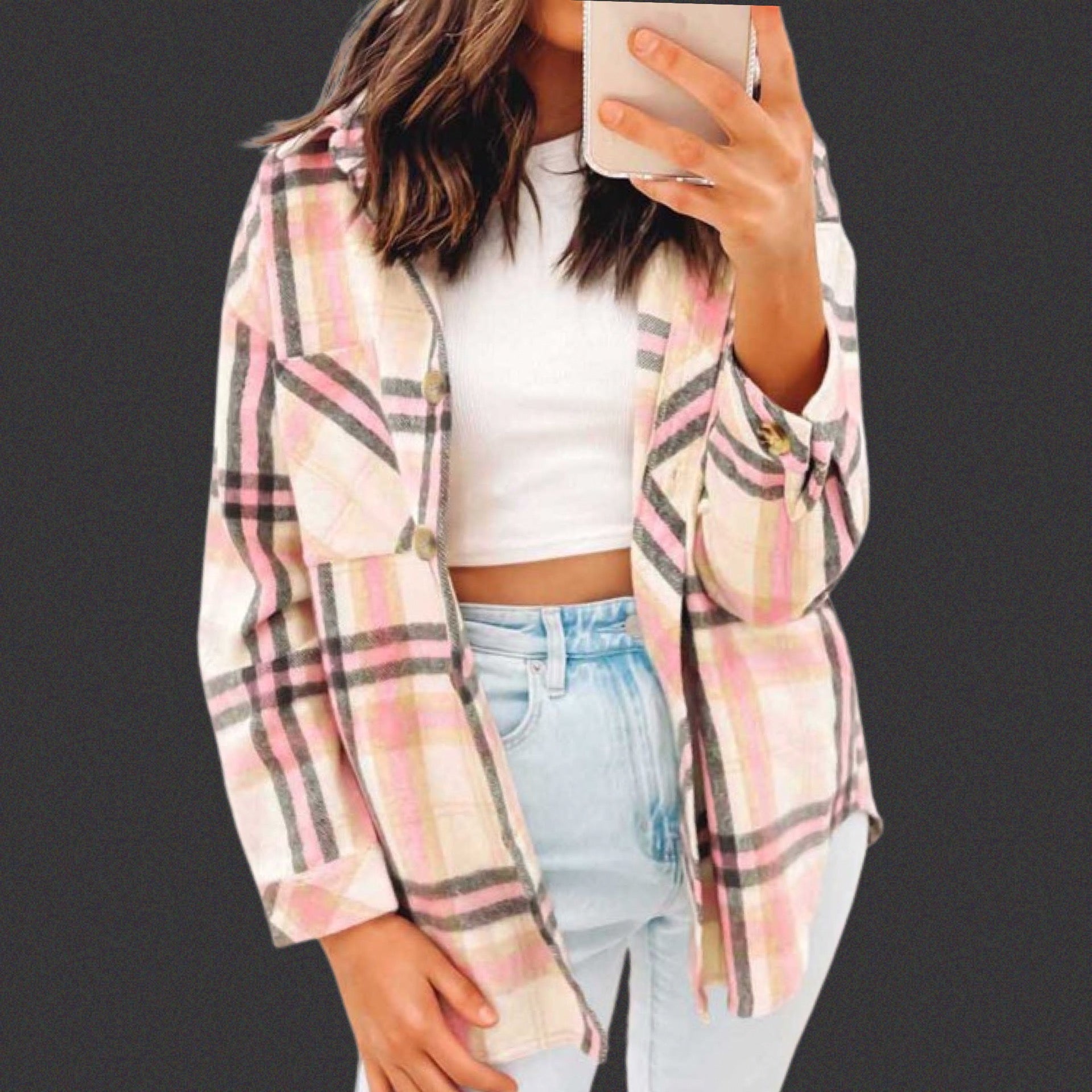 Pink/Tan Plaid Fleece Shacket