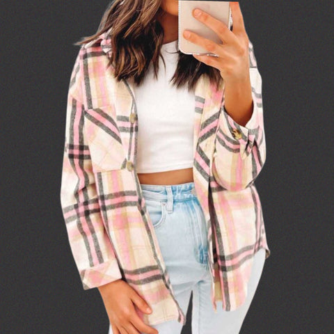 Pink/Tan Plaid Fleece Shacket