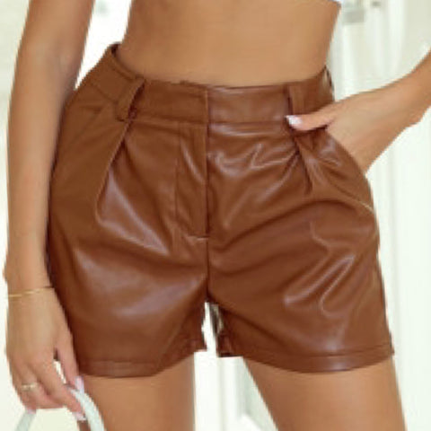 Paper Bag Tie Faux Brown Leather Shorts