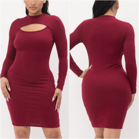 “Merry” Burgundy Long Sleeve Cutout Ribbed Dress