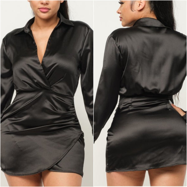 “Selena” Black Long Sleeve Mini Wrap Dress