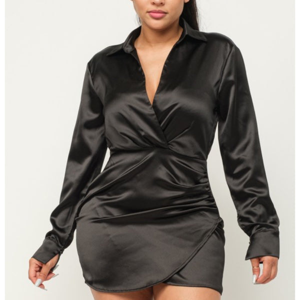 “Selena” Black Long Sleeve Mini Wrap Dress