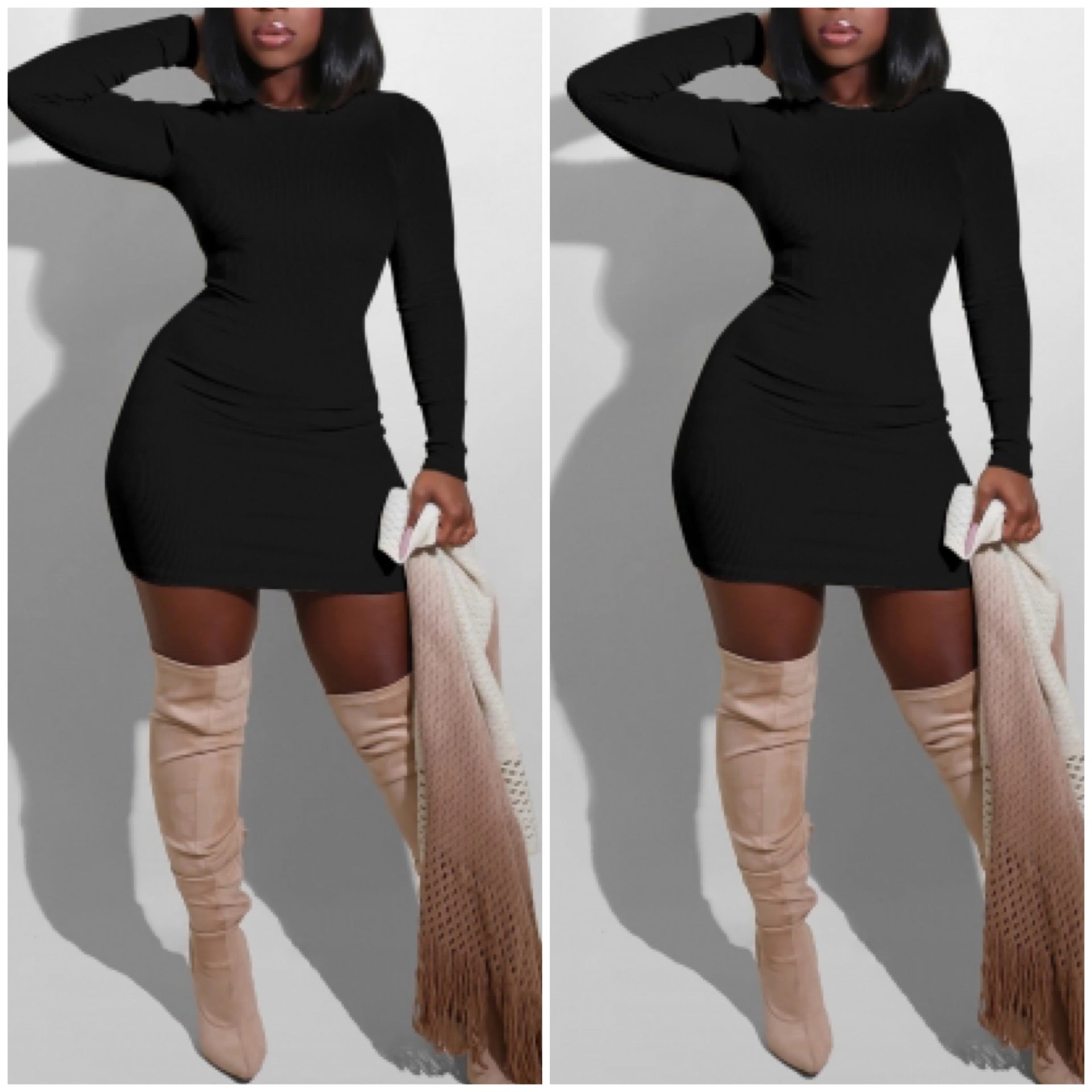 “Bebe” Black Long Sleeve Ribbed Short Dress