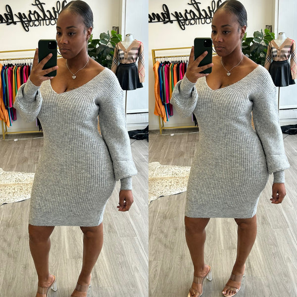 “Grace” Gray Ribbed Puff Sleeve Sweater Dress