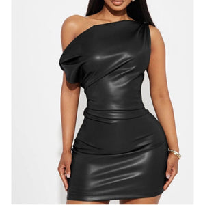 “Knockout” Black Faux Leather Off the Shoulder Mini Dress