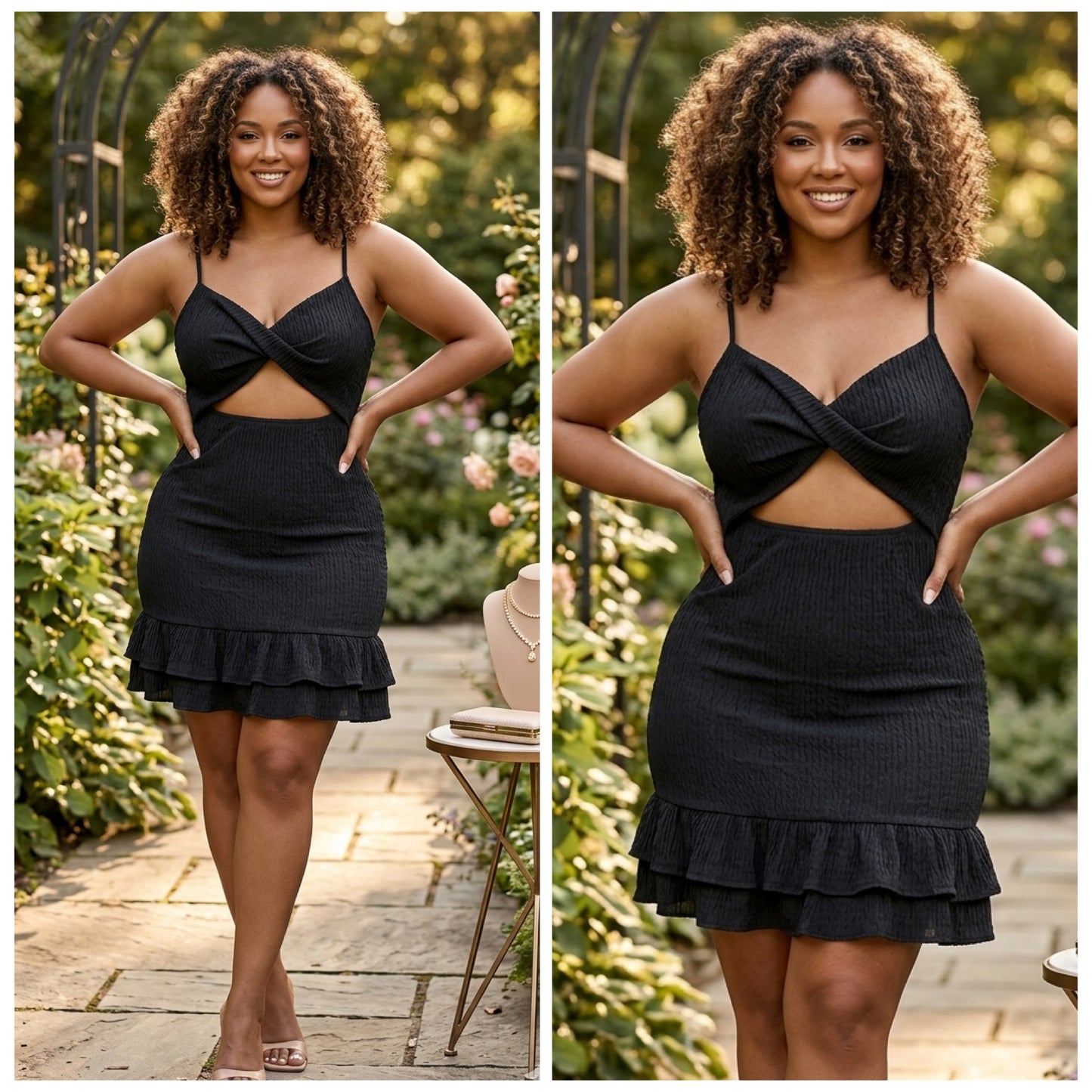 “Arianna” Crinkled Spaghetti Strap Cut out Ruffle Party Dress