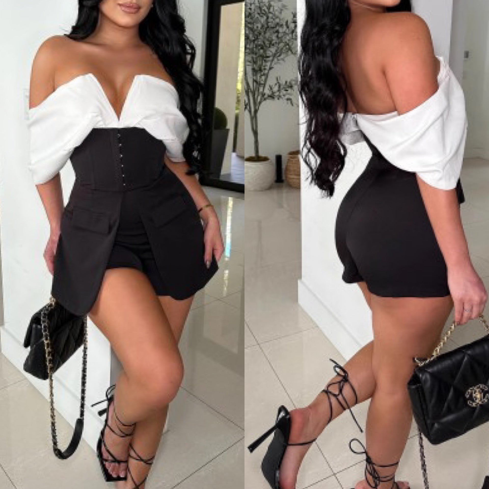 “Blake” Black/White Off the Shoulder Romper