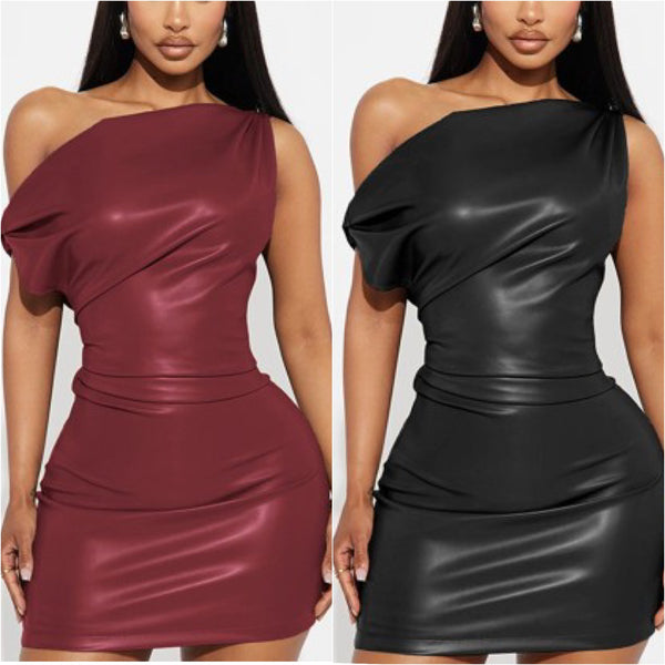 “Knockout” Black Faux Leather Off the Shoulder Mini Dress