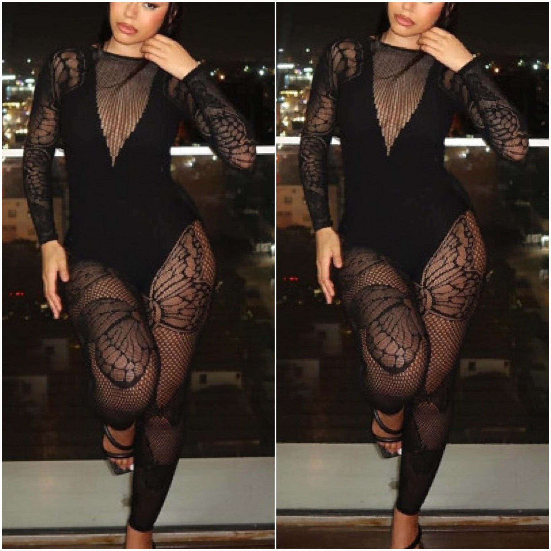 “Butterfly” Black Long Sleeve Lace Playgirl Jumpsuit