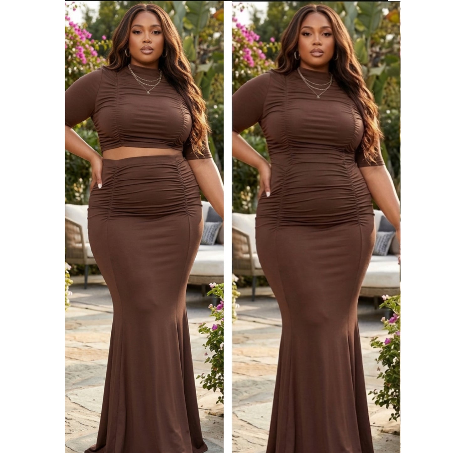 “Yana” Stretch 2 Piece Short Sleeve Maxi Skirt Set