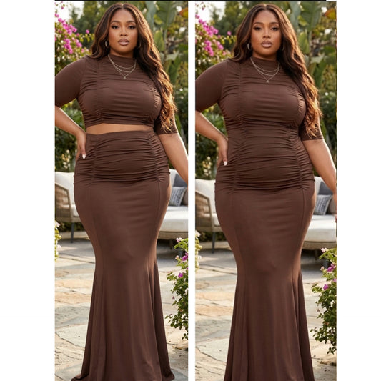 “Yana” Stretch 2 Piece Short Sleeve Maxi Skirt Set