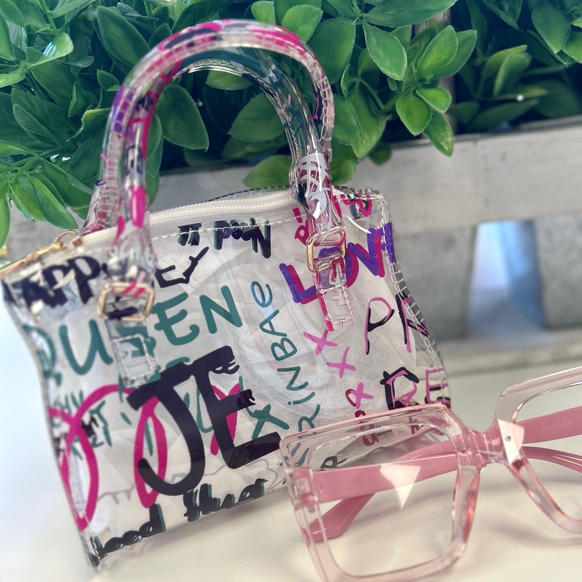 Clear Graffiti Print Crossbody Handbag