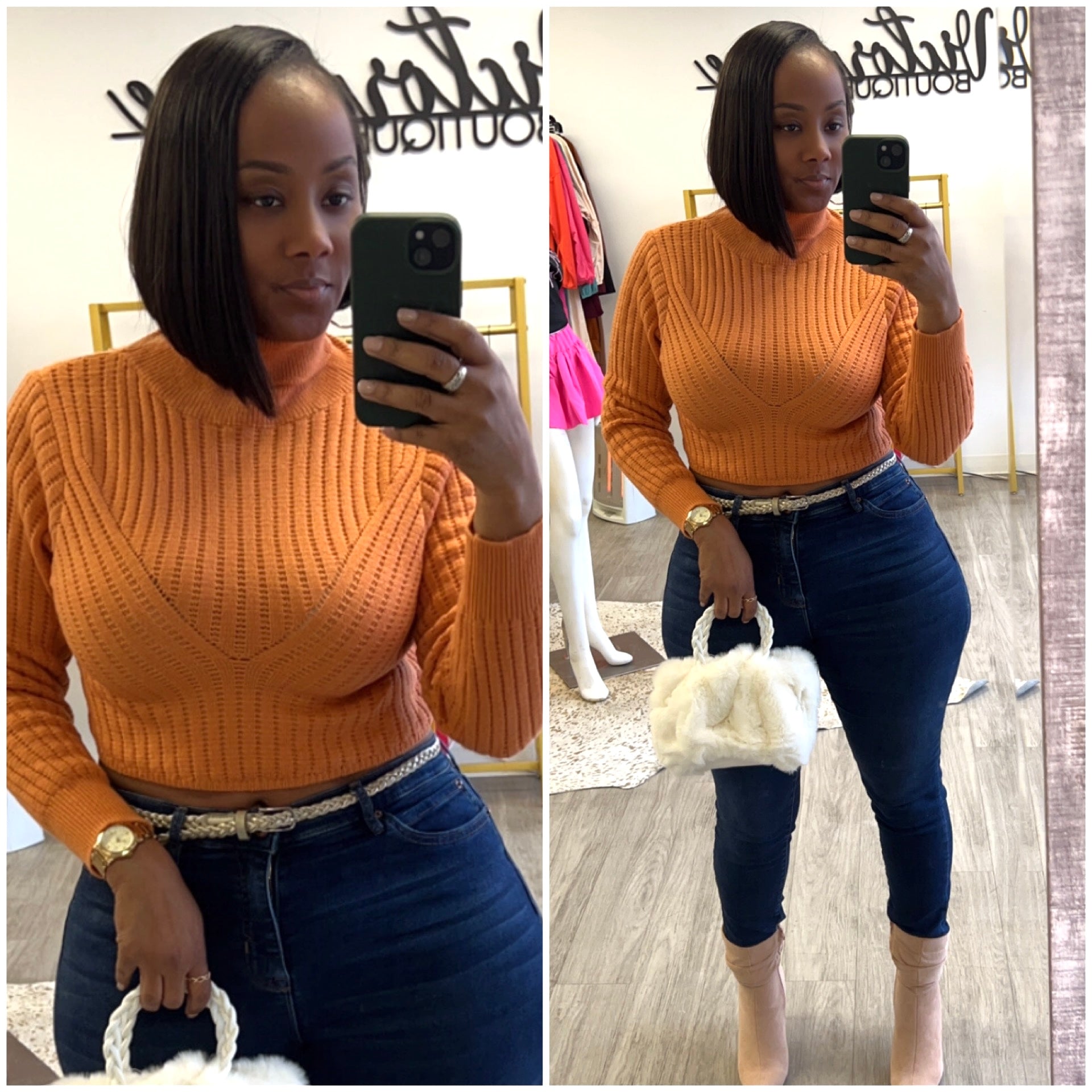 “Tangie” Burnt Orange Crop Turtleneck Long Sleeve Sweater