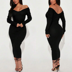 “Porsche” Black Ribbed Long Sleeve Off the Shoulder Dress