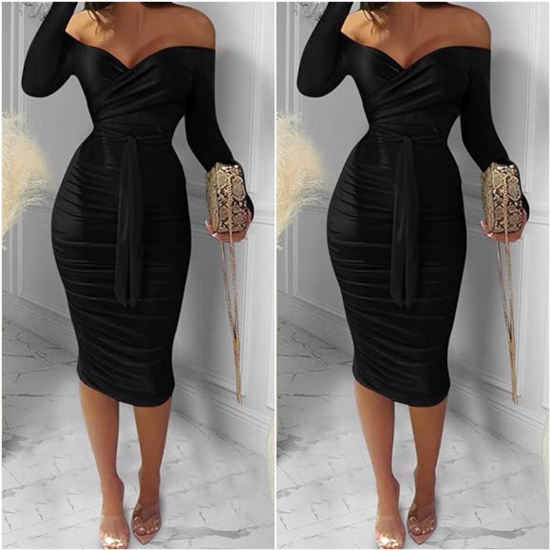 “Classy” Black Long Sleeve Off The Shoulder Tie Midi Dress